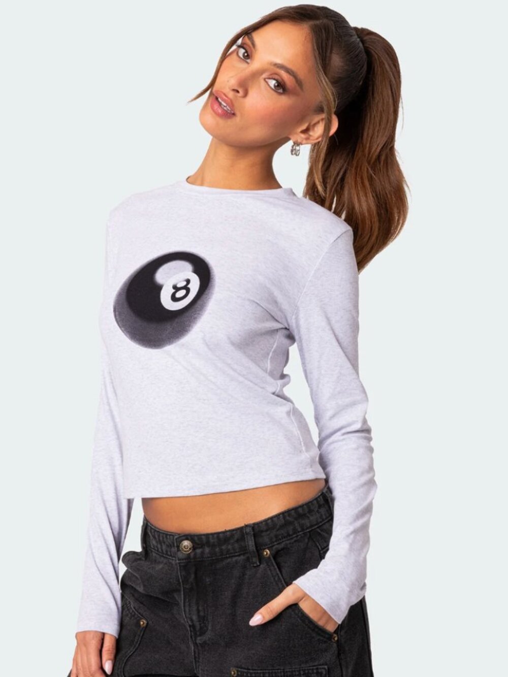 Edikted Billiards 8 Ball Long Sleeve Baby Tee XS Grey Crewneck